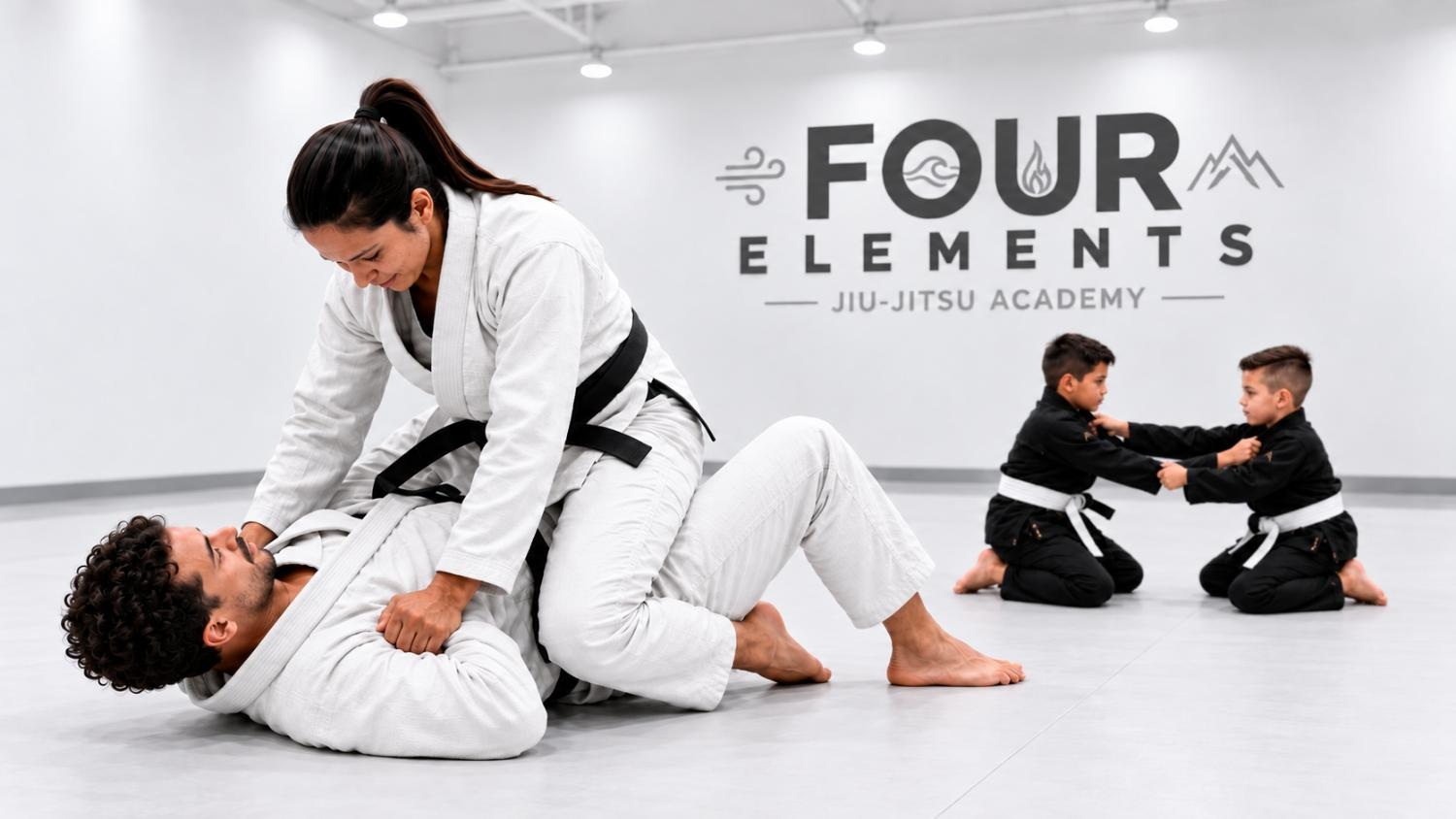 Four Elements Jiu-Jitsu Academy — adults and kids training on the mats.